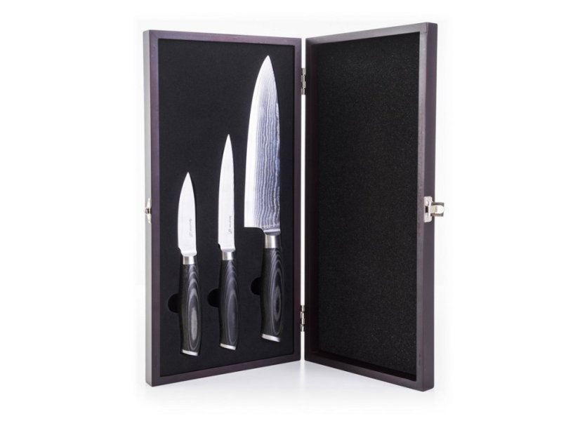 Sada nožov Gourmet Damascus v bambusovom bloku 3 ks + brúsny kameň