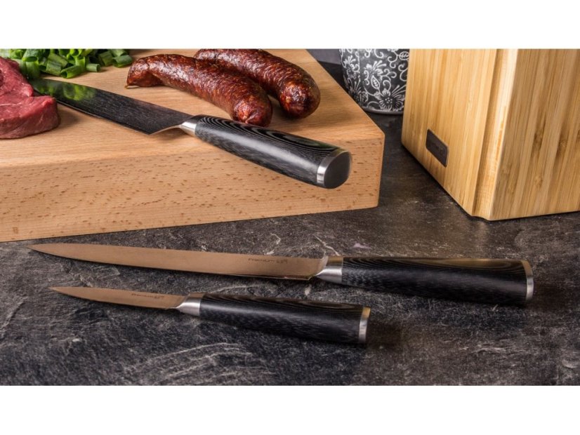 Sada nožov Damascus Premium v bambusovom bloku 3ks + brúsny kameň