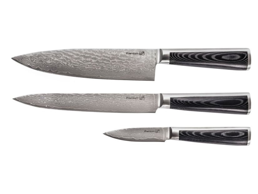 Sada nožov Damascus Premium v bambusovom bloku 3ks + brúsny kameň