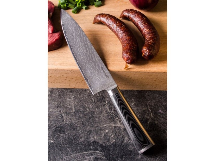 Sada nožov Damascus Premium v bambusovom bloku 3ks + brúsny kameň